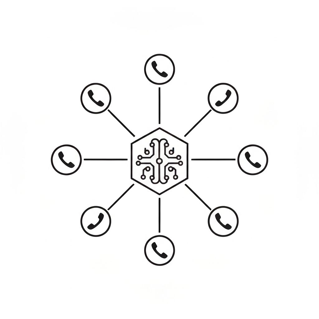Minimalist line-art illustration of a phone handset with sound waves representing AI voice communication